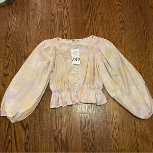 Zara Tie Dye Balloon Sleeve Crop Peplum Top Size SMALL NWT